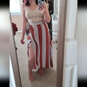 Hummingbird Red and Gray Striped Wrap Maxi Skirt size M/L